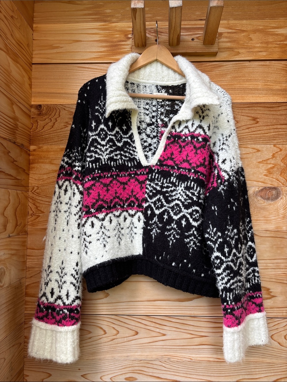 Pilcro V-Neck Fuzzy Printed Popover Sweater Fair Isle Medium - Picture 2 of 12